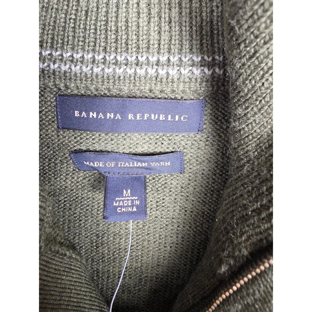 Banana Republic Sweater Men M Green Quarter Zip Epaulets Wool Blend Italian Yarn